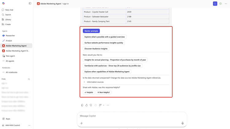 Domande di follow-up suggerite sotto la risposta dellagente per ulteriori indagini.
