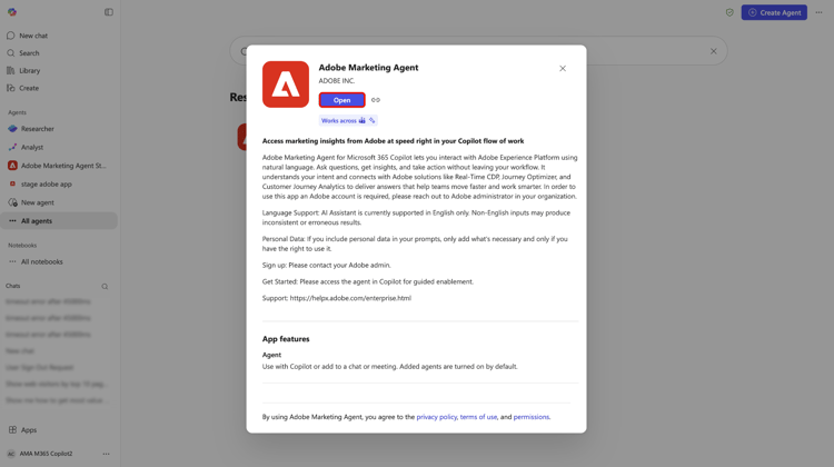 Finestra a comparsa dei dettagli di Adobe Marketing Agent con il pulsante Aggiungi evidenziato.