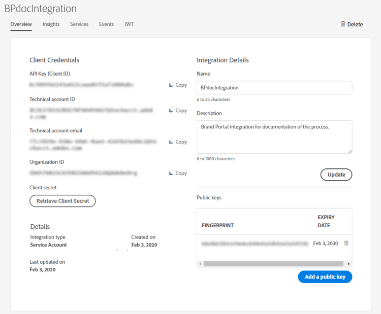 Informazioni su chiave API, segreto client e payload di un’integrazione
