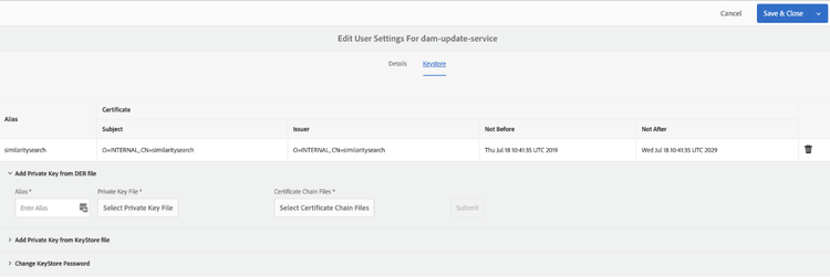 Elimina la voce esistente similaritysearch in Registro chiavi per aggiungere un nuovo certificato di sicurezza