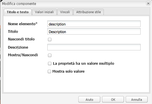 Scheda Titolo e testo (finestra di dialogo di modifica); è stato aggiunto il titolo Descrizione.