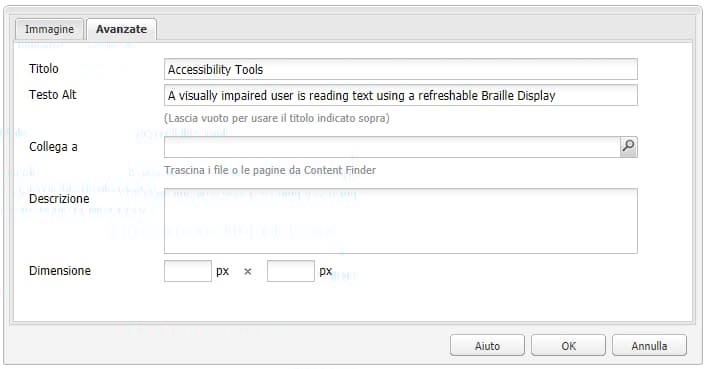 Finestra di dialogo di modifica del componente Immagine nell’interfaccia classica; mostra il campo Testo Alt .