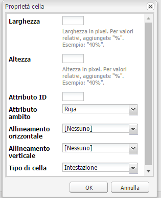 Finestra di dialogo delle proprietà di chiamata; impostazione di una riga (in genere la prima) come riga di intestazione.