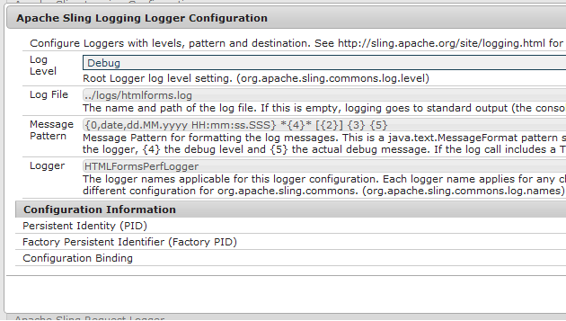 Finestra di dialogo delle opzioni di configurazione del logger di registrazione di Apache Sling
