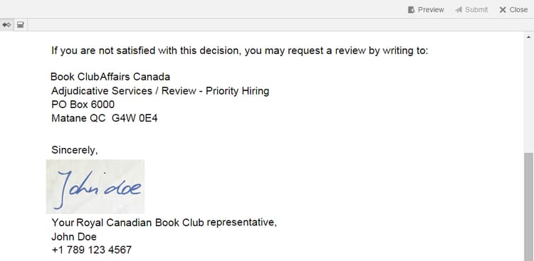 Immagine della firma dell’agente nella lettera