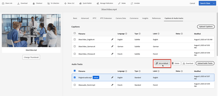 Lintestazione Tracce audio con il nome del file di traccia audio selezionato ed evidenziato il pulsante Imposta come predefinito.
