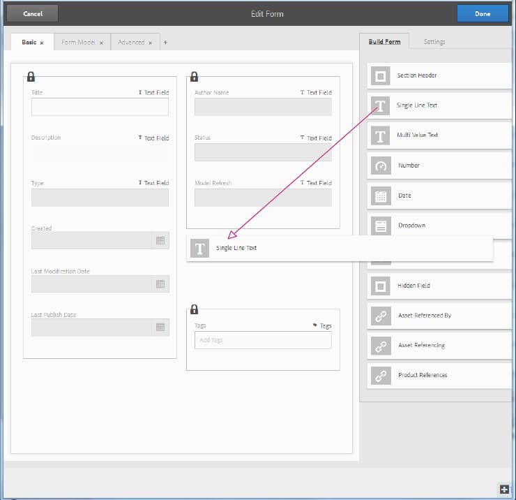 Editor schema metadati per tipo di modulo adattivo