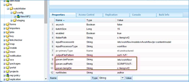 Un esempio di nodo di configurazione della cartella di controllo con proprietà obbligatorie, alcune proprietà facoltative e alcuni parametri di configurazione