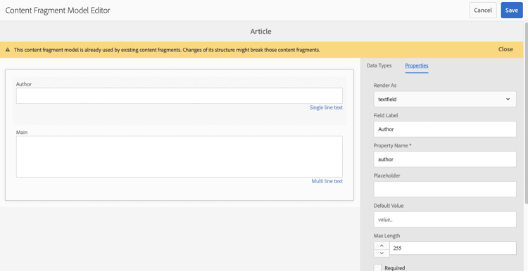 Dettaglio dell’editor modello dei frammenti di contenuto