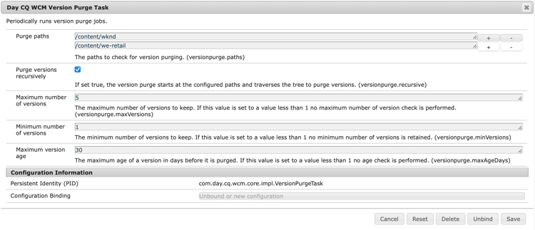 Configurazione eliminazione versione