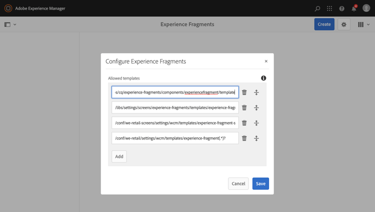 Configura frammenti esperienza