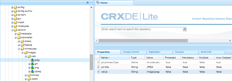 La proprietà Value di un tipo di file, come visualizzata in CRXDE, viene utilizzata per il corretto funzionamento delle query di ricerca