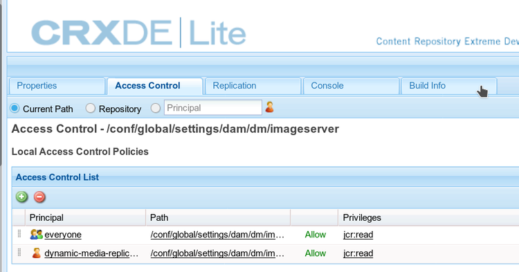 Configurazione del server immagini in CRXDE Lite e impostazione della scheda Controllo di accesso