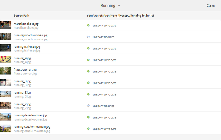 Visualizzare gli stati delle Live Copy nella console Live Copy dellorigine