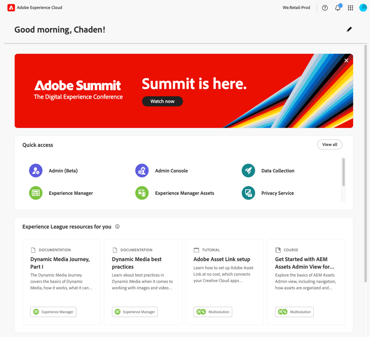 Home page di Adobe Experience Cloud
