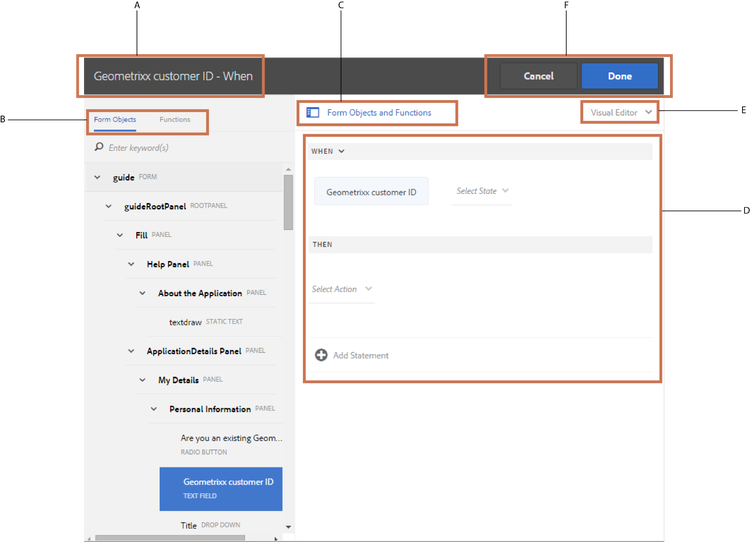 Interfaccia utente editor regole