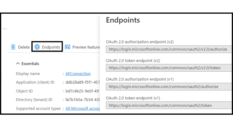 Utilizza lopzione Endpoints nellinterfaccia utente dellapplicazione Microsoft Power Automate per trovare lURL OAuth
