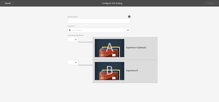 Pagina di configurazione test A/B per moduli adattivi