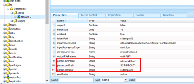 Un esempio di nodo di configurazione della cartella di controllo con proprietà obbligatorie, alcune proprietà facoltative e alcuni parametri di configurazione