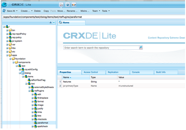 CRXDE Liti che mostra un rtePlugin di esempio.