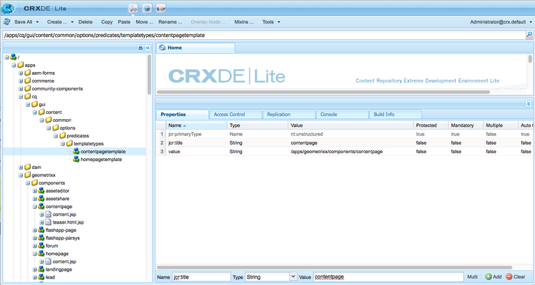 Aggiunta di opzioni in CRXDE