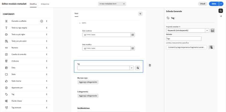 Configurazione tag principali