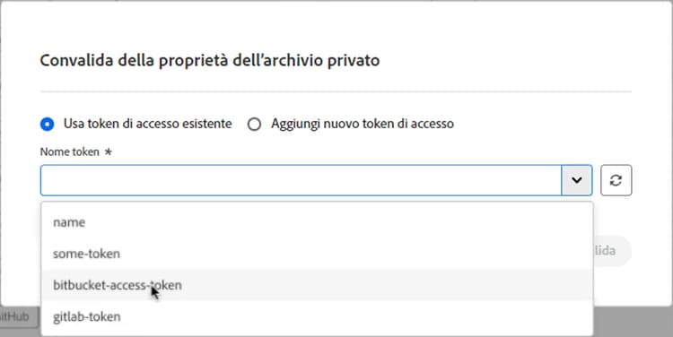 Selezione di un token di accesso esistente per un archivio