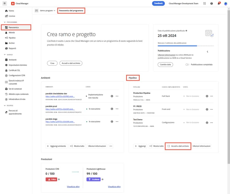 Accedi a dati archivio nella scheda Pipeline