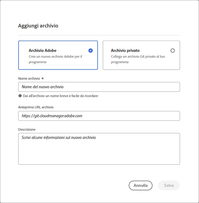 Finestra di dialogo Aggiungi archivio.