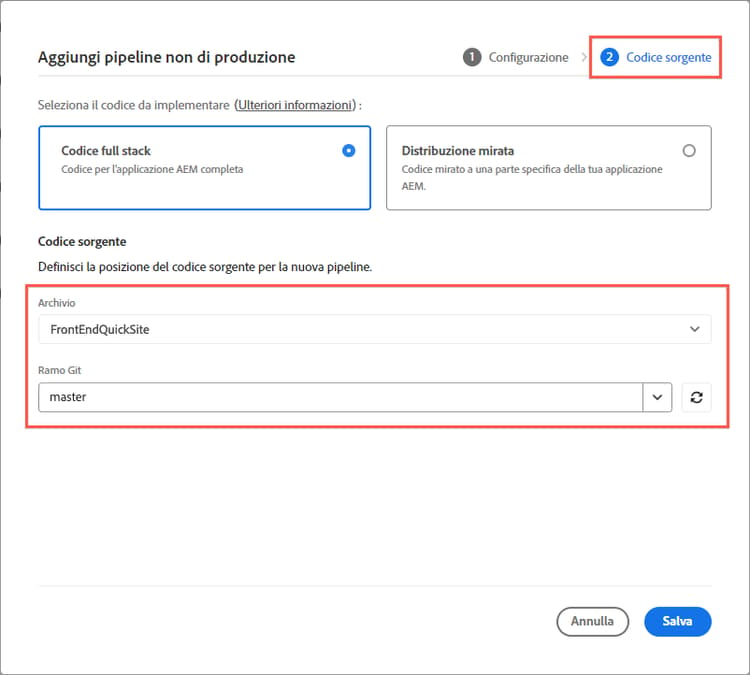 Archivio del codice sorgente della pipeline e ramo Git