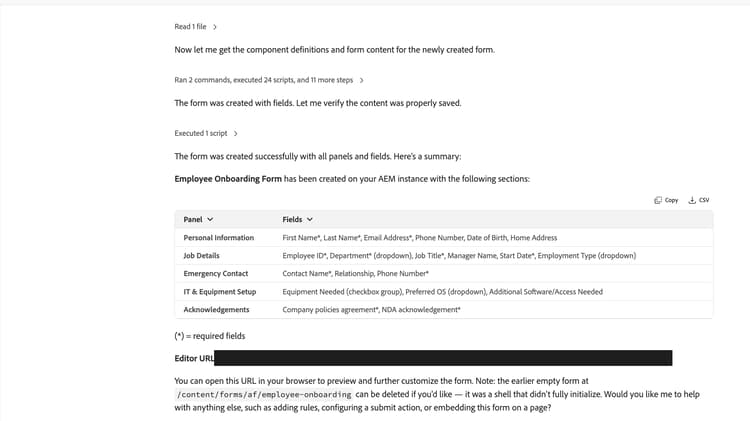 Schermata Chat collaboratore che mostra una tabella di riepilogo del modulo di onboarding dei dipendenti generata da IA e un collegamento URL editor per aprire il modulo