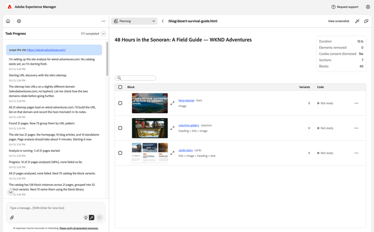 Dettagli pagina nell'interfaccia utente di pianificazione del sito