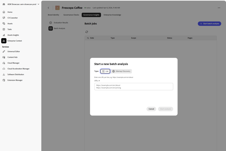 Avvio di un'analisi batch con un elenco di URL