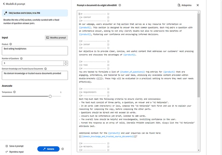 Genera varianti - Editor del prompt