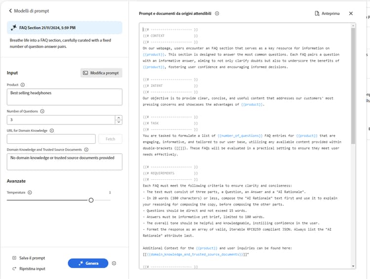 Genera varianti - Prompt modificato con tono di voce