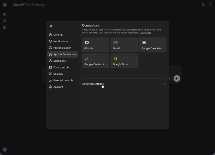 Configura ChatGPT - App e connettori - Impostazioni avanzate