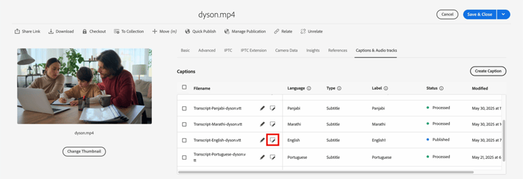 Icona Modifica sottotitoli sotto lintestazione Sottotitoli