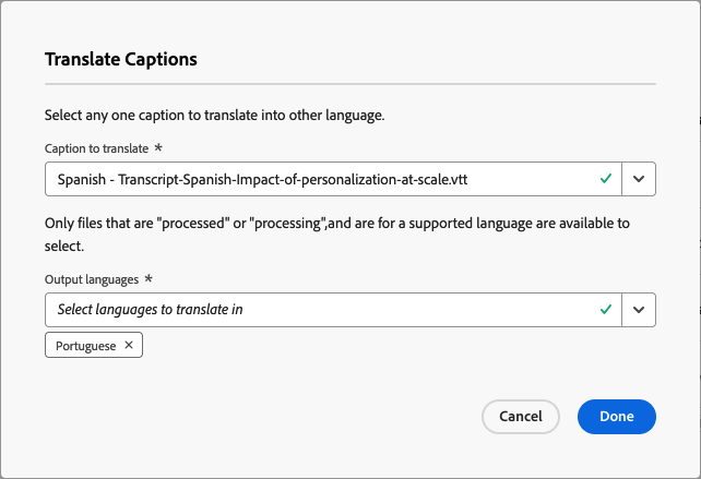 Finestra di dialogo Traduci didascalie.