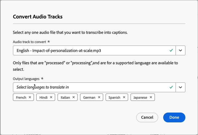 Finestra di dialogo Converti tracce audio.