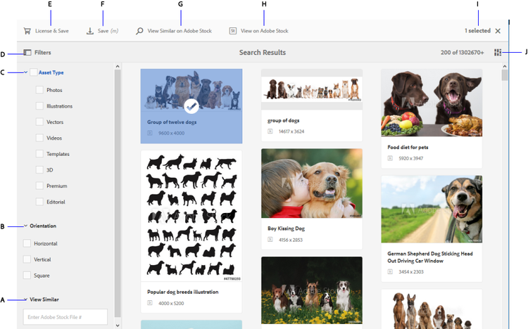 Cerca Adobe Stock risorse e filtra i risultati dallarea di lavoro Adobe Experience Manager