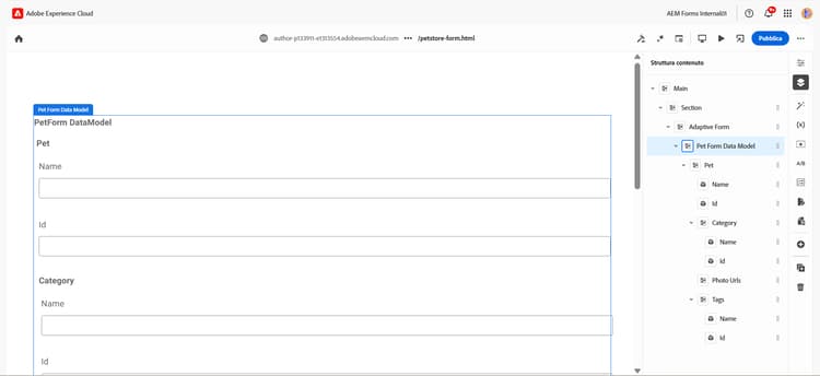 Schermata dell’editor universale che mostra un modulo basato su schema con campi modulo precompilati e il browser dei contenuti con gli elementi dell’origine dati disponibili