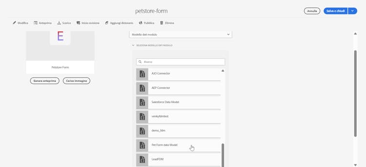 Selezionare Modello dati modulo