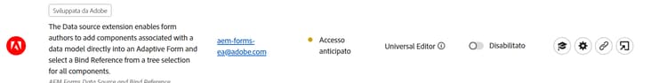 Schermata dell’interfaccia dell’editor universale di Extension Manager che mostra le estensioni disponibili, inclusa l’estensione Origini dati, che possono essere abilitate per l’integrazione del modulo