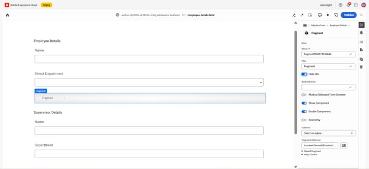 Configurazione delle proprietà del frammento