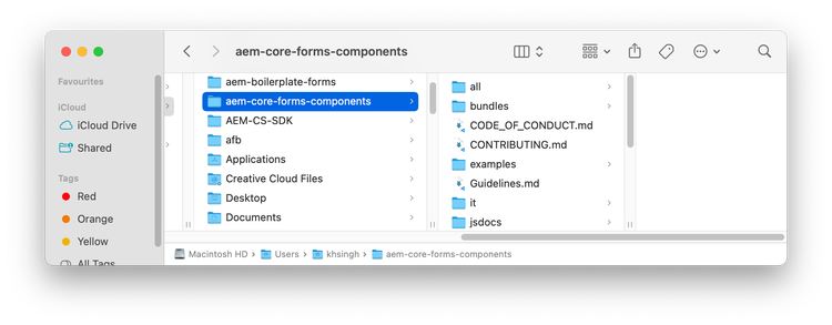 Directory dellarchivio dei componenti core di Forms adattivi nel computer locale