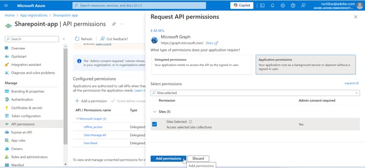 Sito SharePoint selezionato