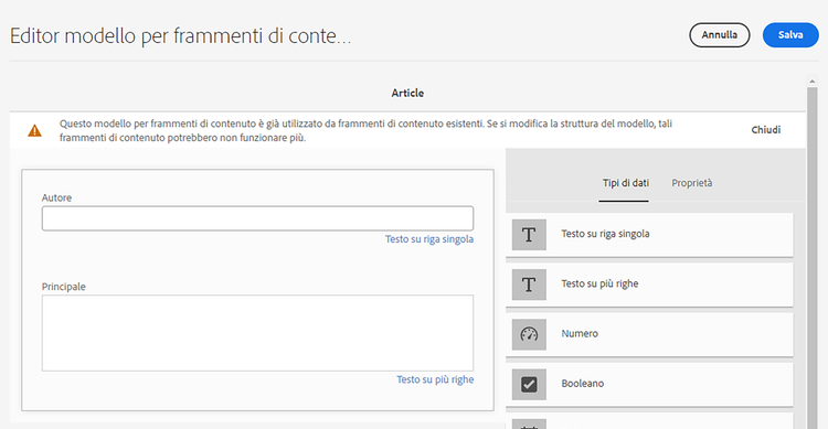 Editor modello per frammenti di contenuto