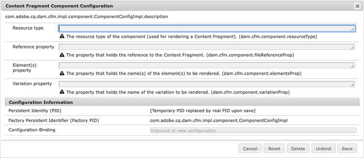Configurazione OSGi: configurazione del componente Frammento di contenuto