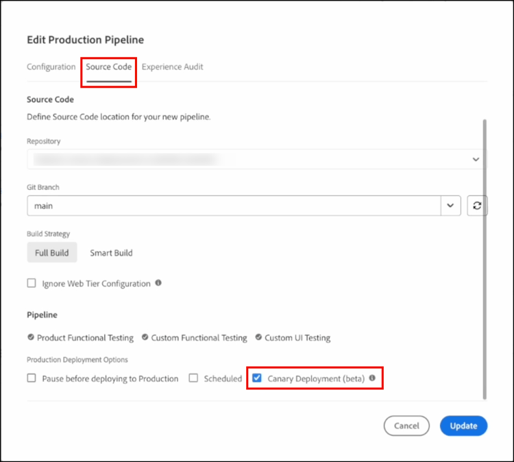 Opzioni di distribuzione della pipeline con la casella di controllo Canary Deployment beta selezionata