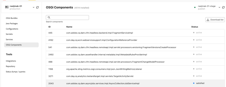 Scheda Componenti OSGi nell'interfaccia utente della Console per sviluppatori